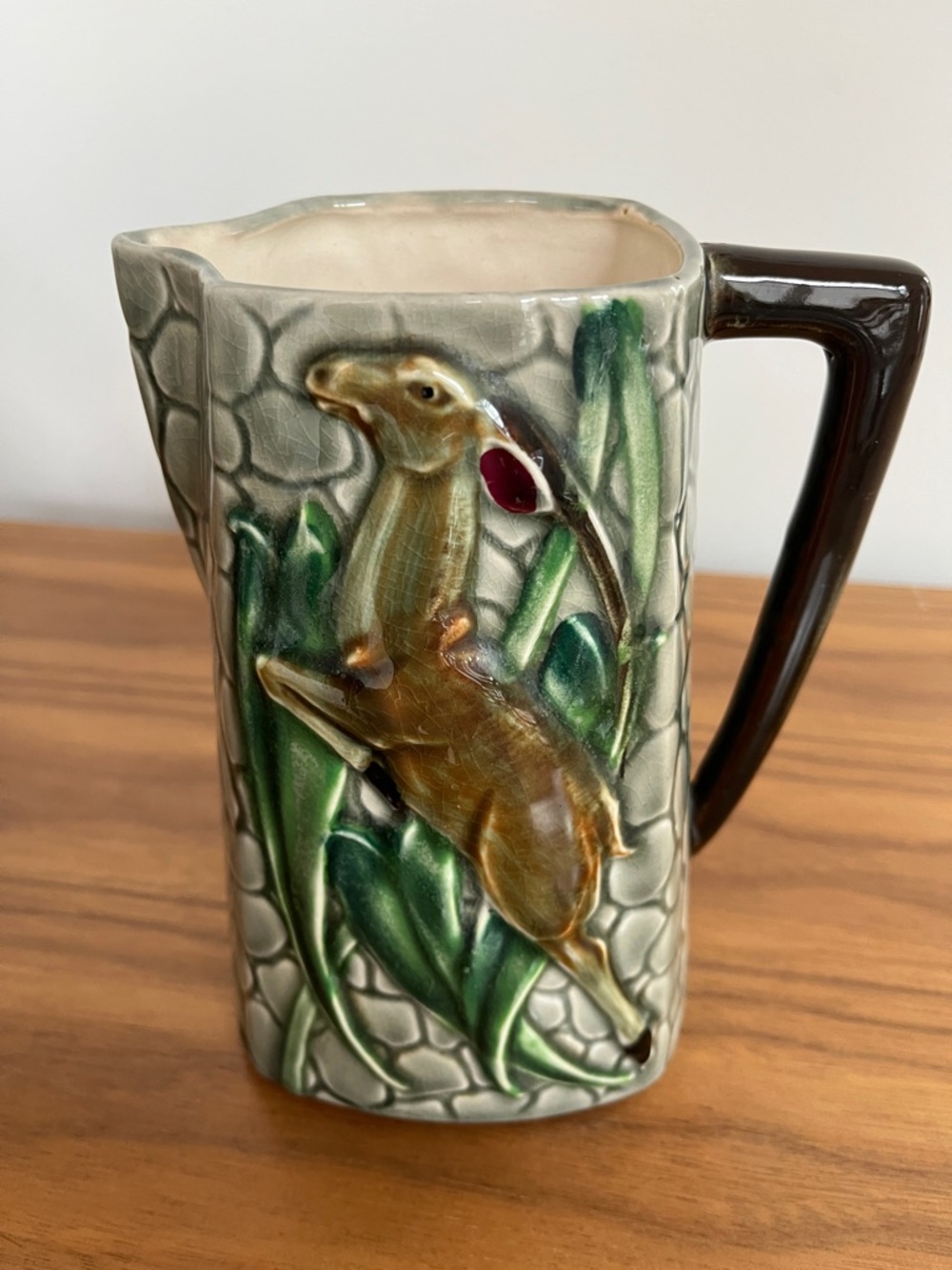 ANTIQUE L. Batlin & Son Leaping Gazelle Jug Majolica Style Art Deco Made Japan